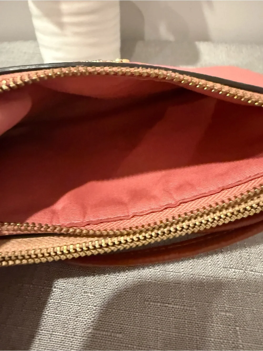 Coach Pink and Peach Two Tone Pebbled Leather Wristlet with Tan Strap
